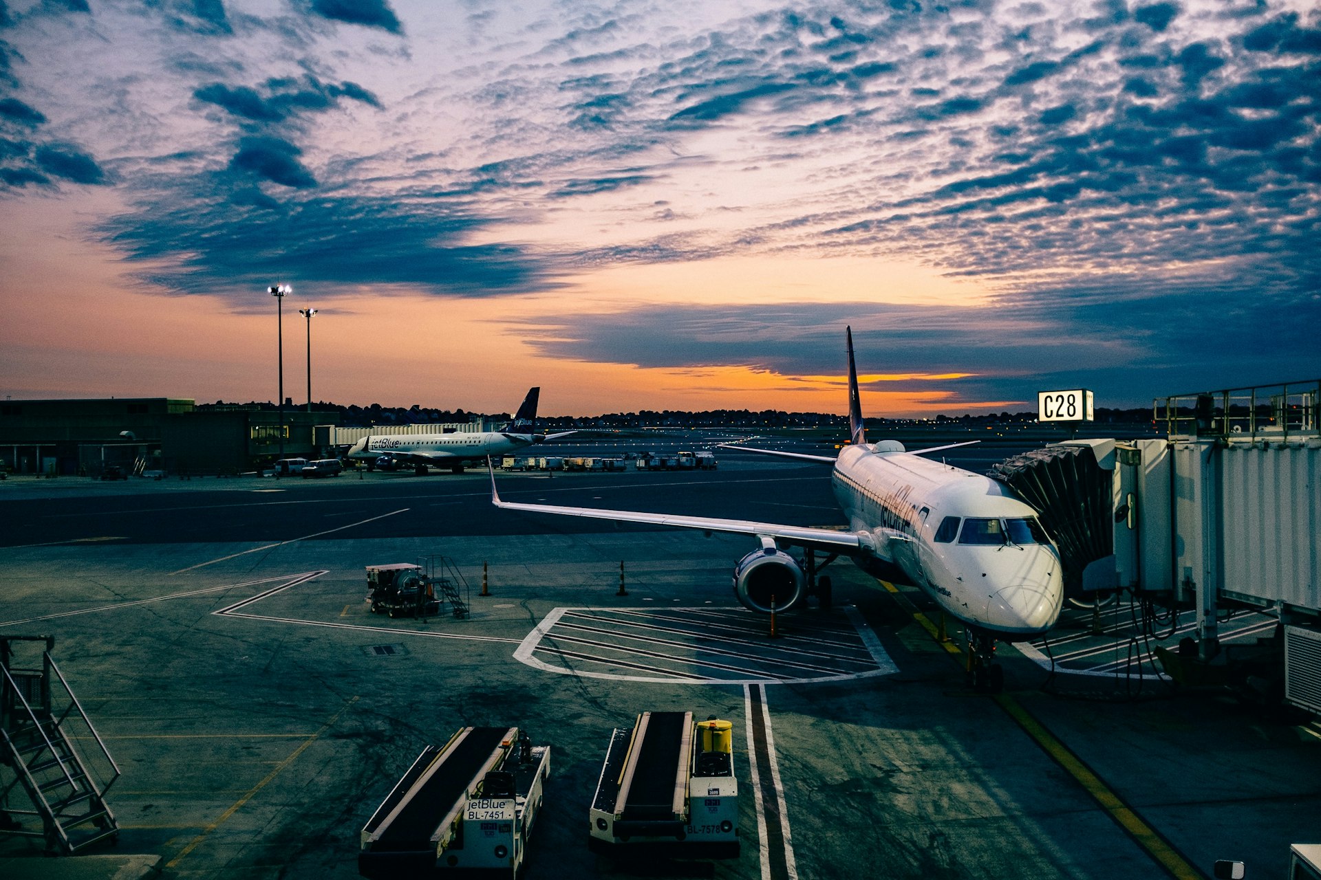 Aircraft at an international airport at dusk
