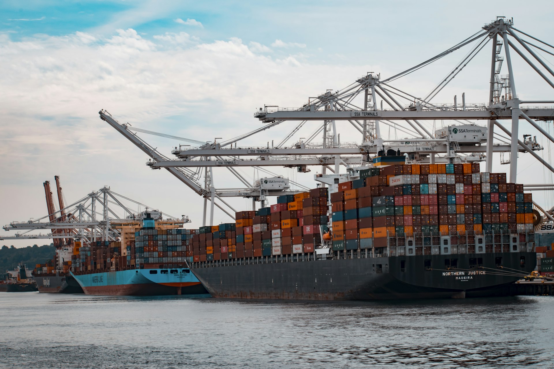 Container ship carrying international cargo